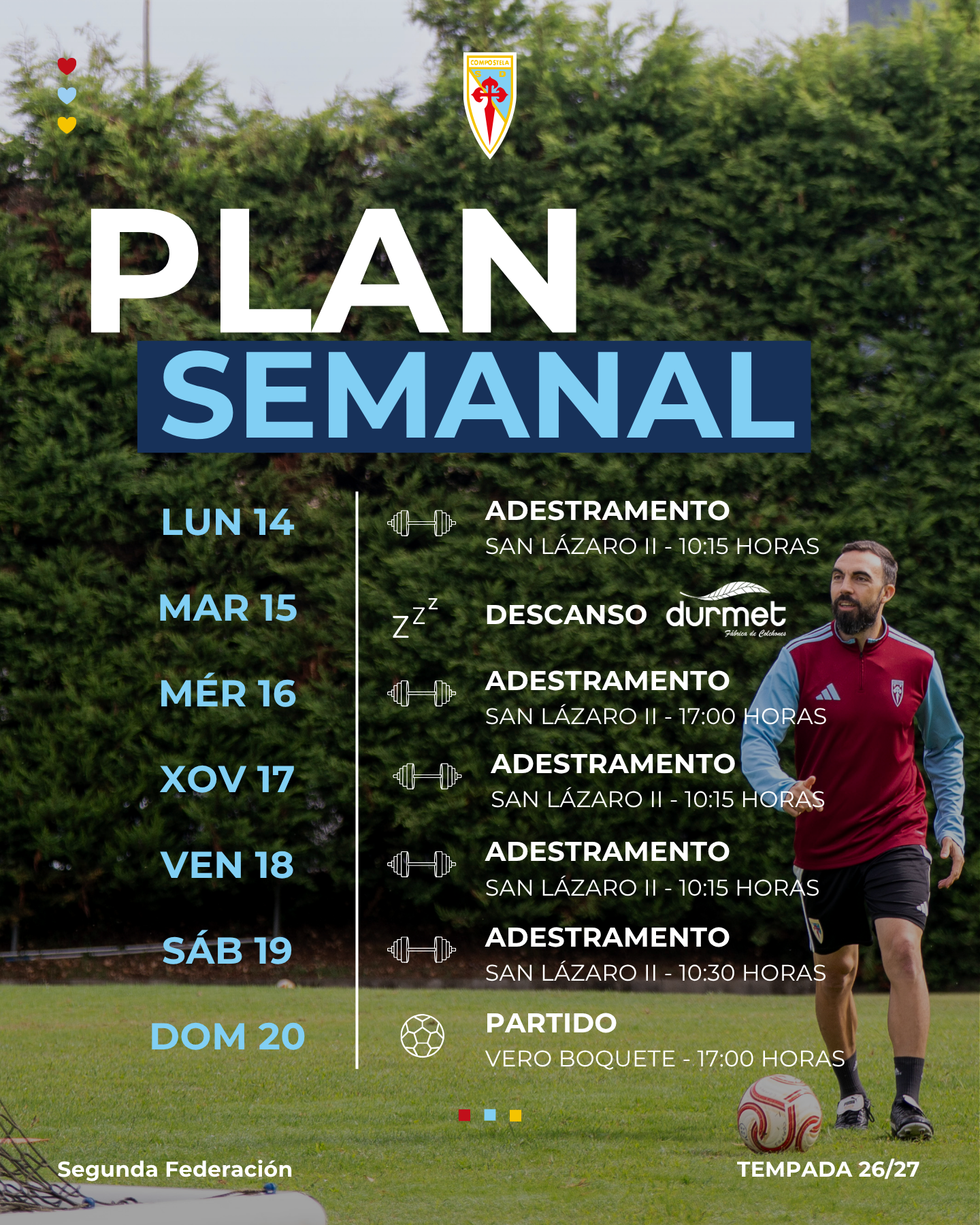 Plan semanal da SD Compostela para preparar o encontro contra o Sestao River.