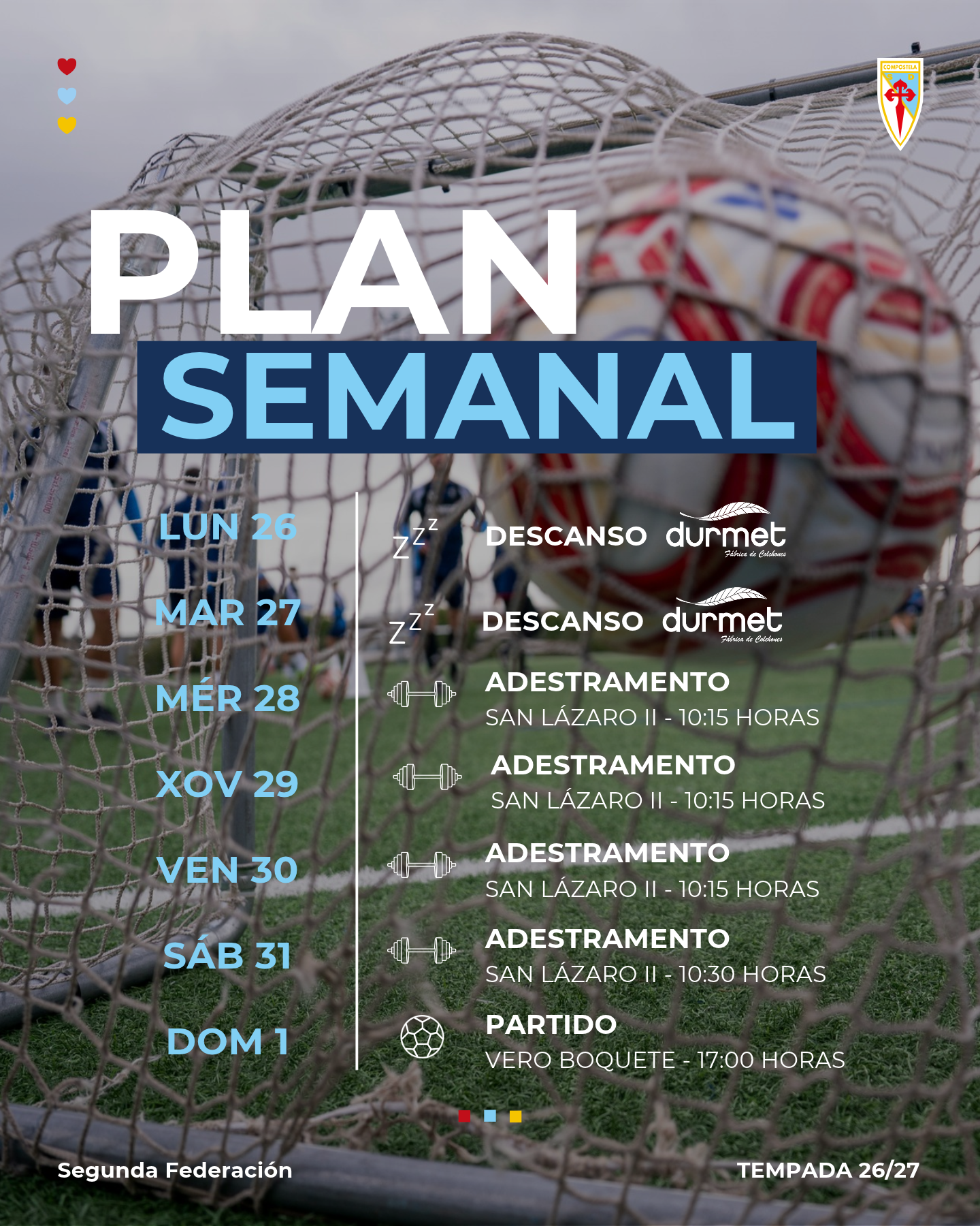 Plan de traballo da SD Compostela para preparar o duelo deste domingo, 1 de novembro, ás 17:00 horas na nosa casa contra o CD Basconia.